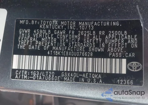 2013 Toyota Avalon Xle Touring из США, поврежденный, VIN 4T1BK1EBXDU076628